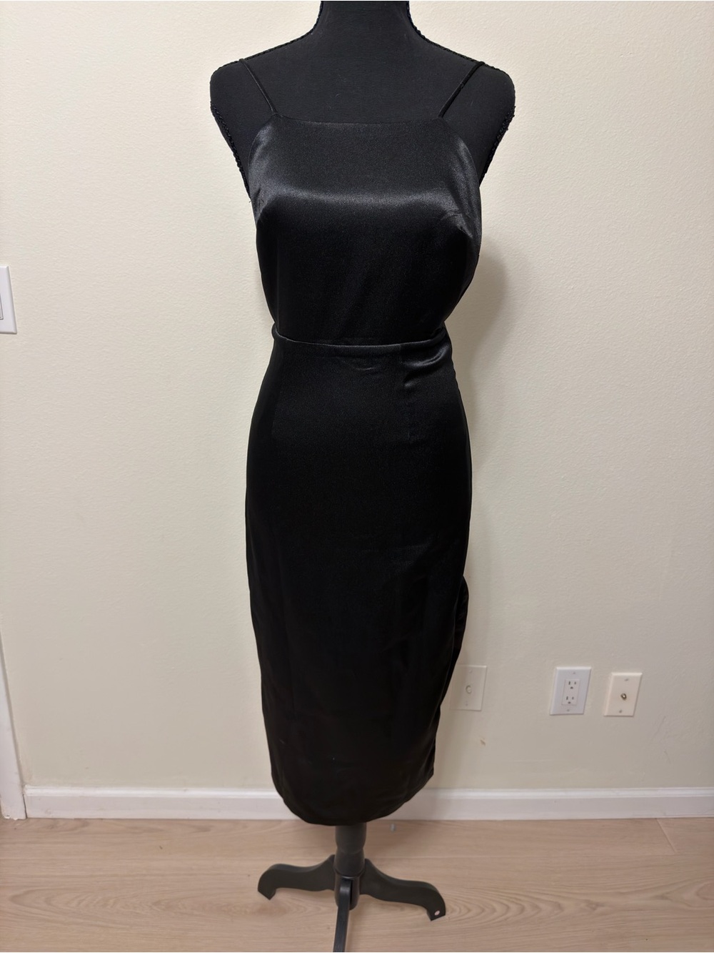 Lulu's Black Satin Midi Slip Dress with Spaghetti Straps